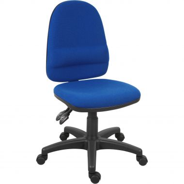 A high back operator chair in blue fabric with a black five pointed base and twin lever controls.
