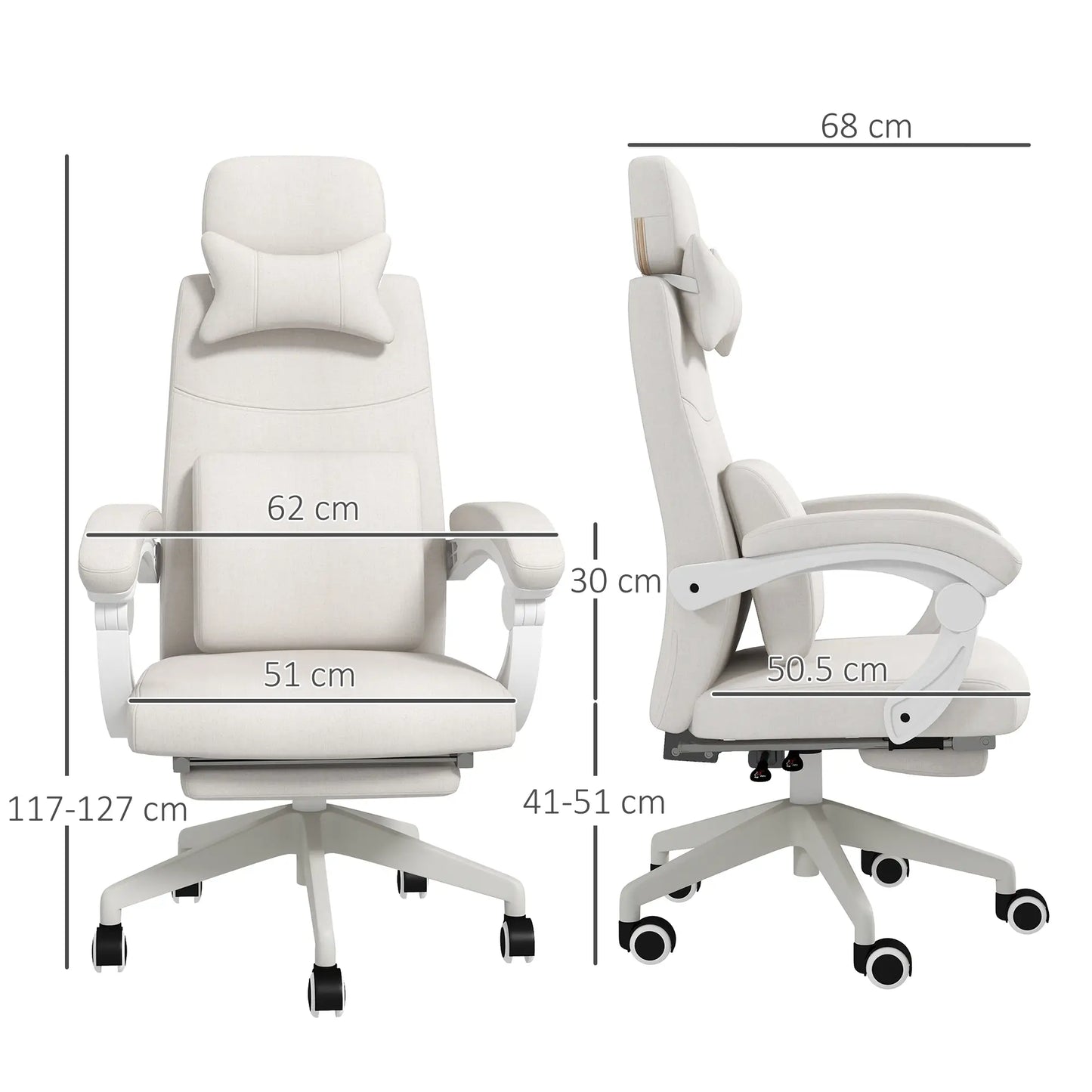 Cream office chair with dimensions labeled on a white background