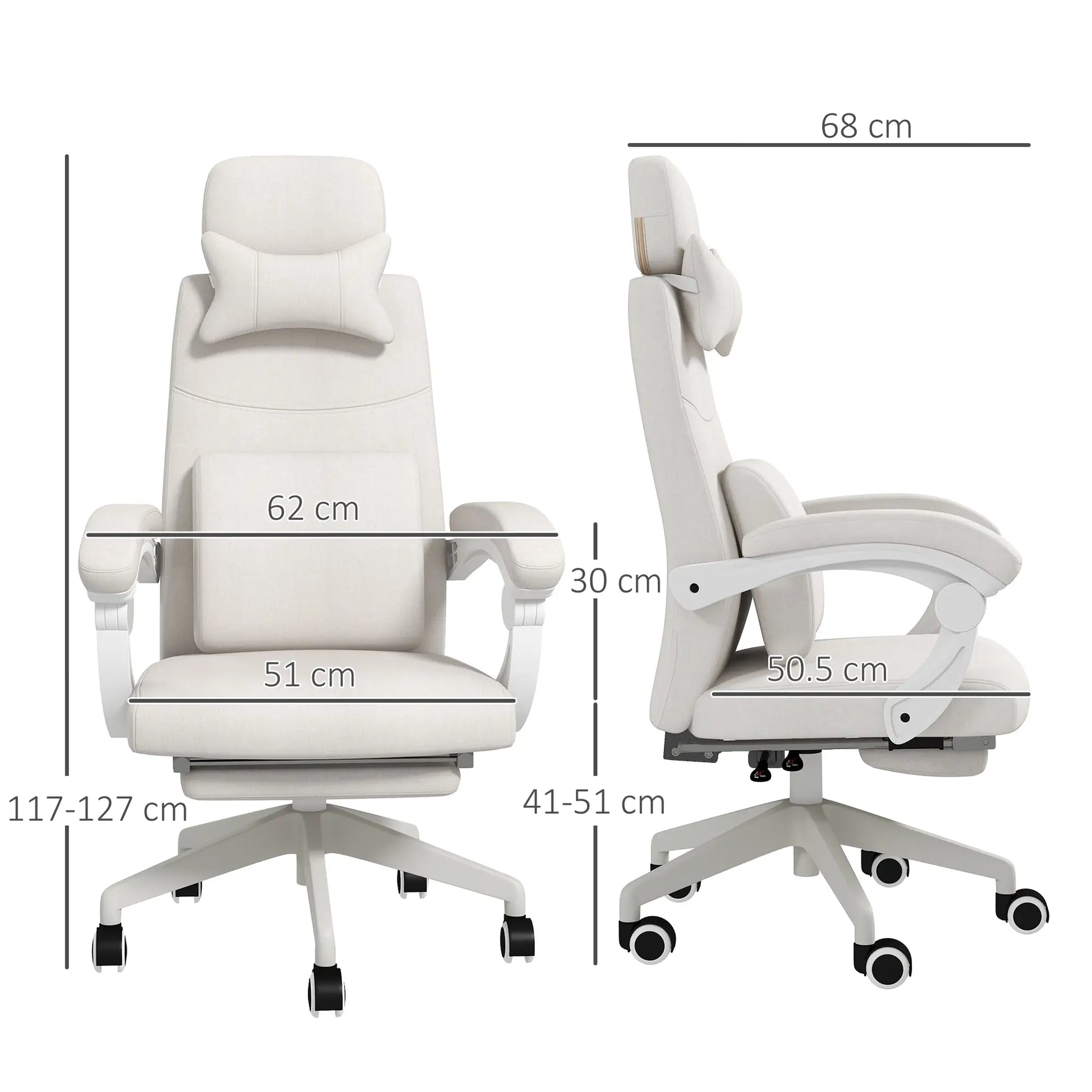 Cream office chair with dimensions labeled on a white background