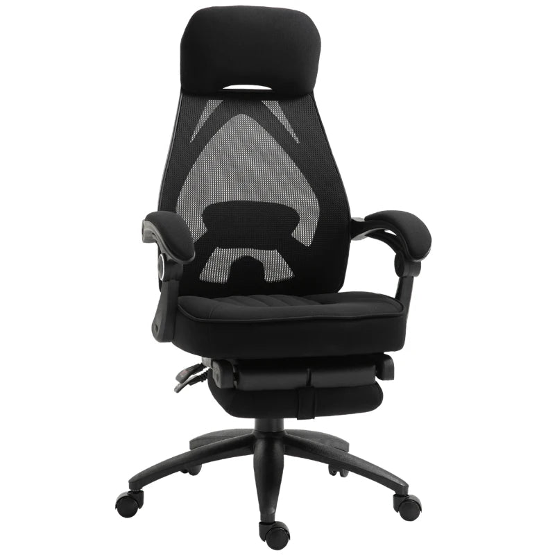 Black office chair with mesh back on a white background