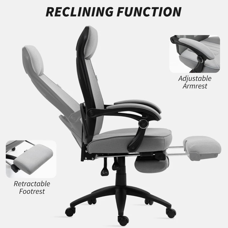 Ergonomic office chair with reclining function, adjustable armrests, and retractable footrest on a white background.