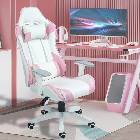 A pink and white faux leather gaming chair with color block design, featuring a headrest, lumbar support, and armrests, placed in a room with gaming equipment.