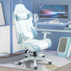 A faux leather gaming chair with a color block design in blue and white. The chair is equipped with a headrest, lumbar support, and armrests, placed in a room with a desk and a computer setup.