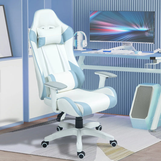 A faux leather gaming chair with a color block design in blue and white. The chair is equipped with a headrest, lumbar support, and armrests, placed in a room with a desk and a computer setup.