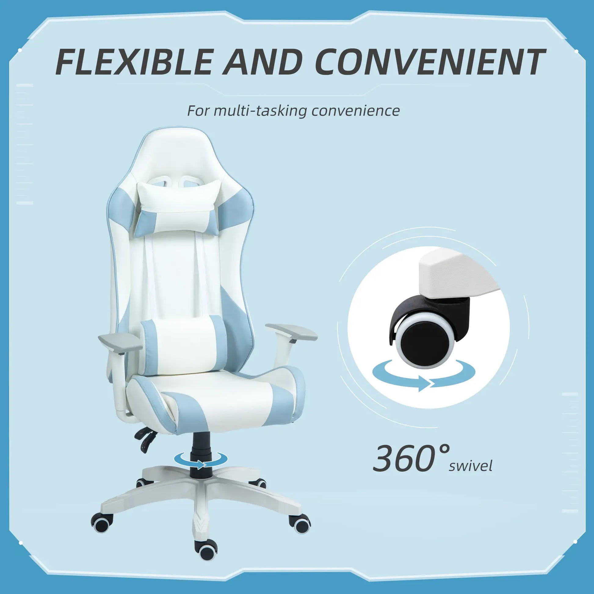 Faux Leather Colour Block Gaming Chair, with 135 deg. Reclining Back, Blue/White 360 swivel