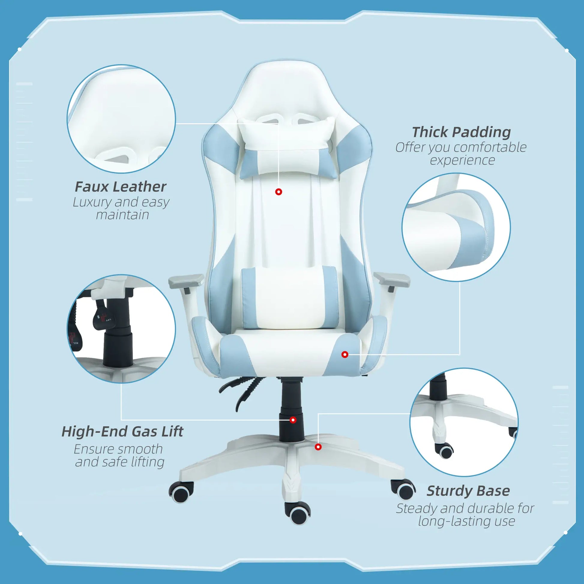 Faux Leather Colour Block Gaming Chair, with 135 deg. Reclining Back, Blue/White features