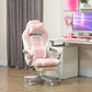 A pink and white faux leather reclining gaming chair with footrest, positioned in an office setting.