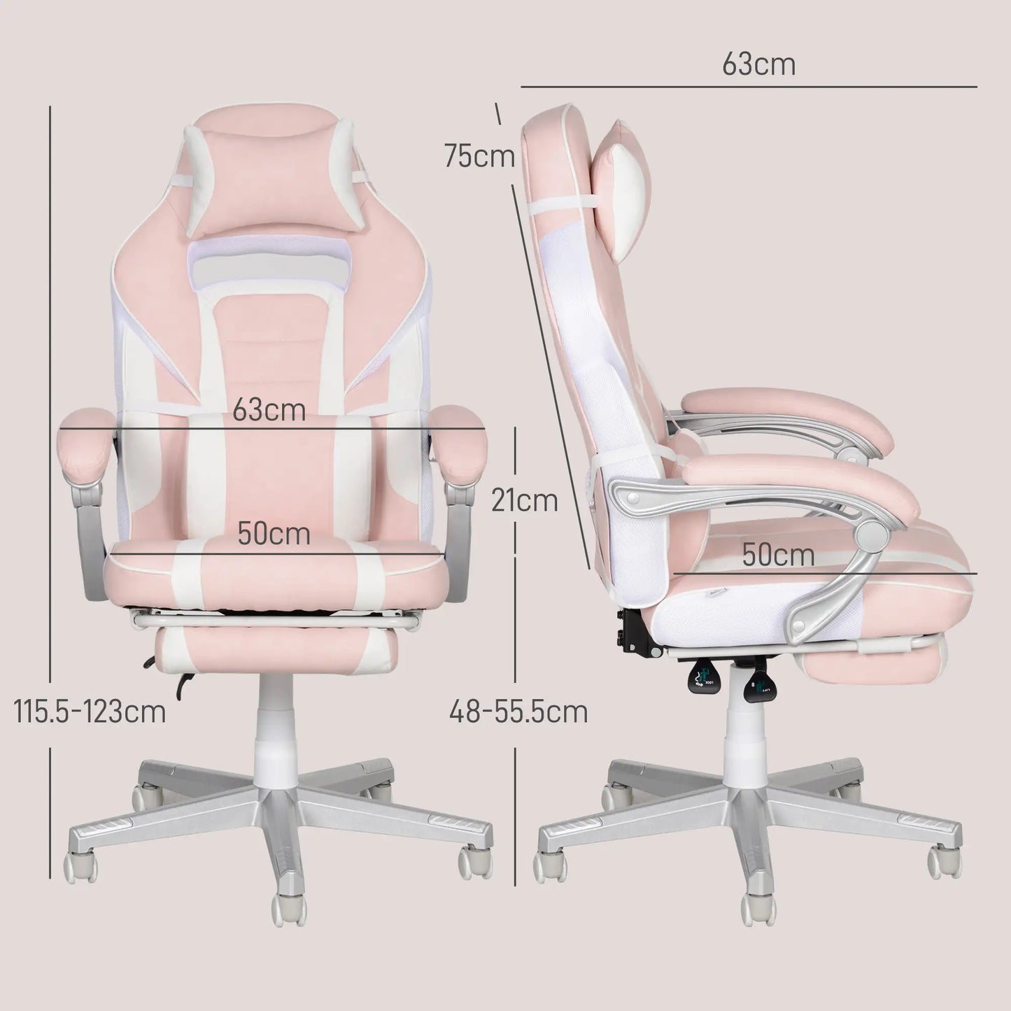 Faux Leather Reclining Gaming Chair, with Footrest - Pink/White dimensions
