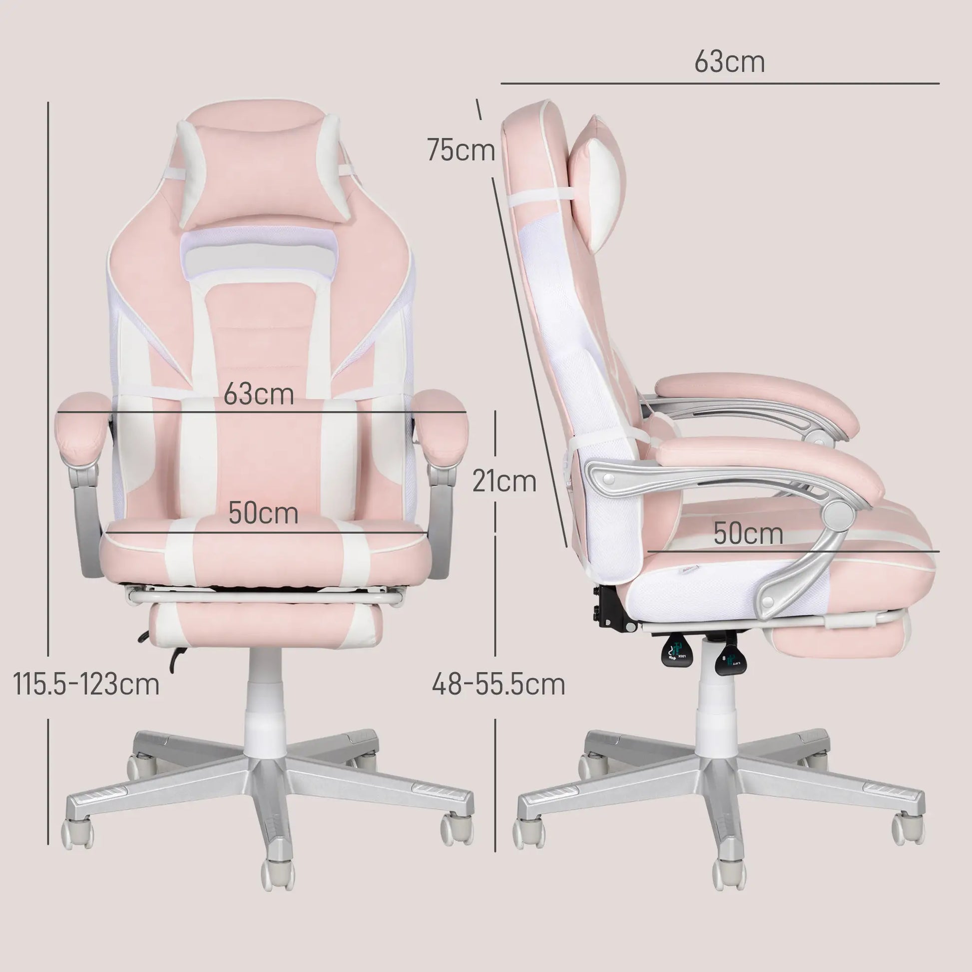 Faux Leather Reclining Gaming Chair, with Footrest - Pink/White dimensions