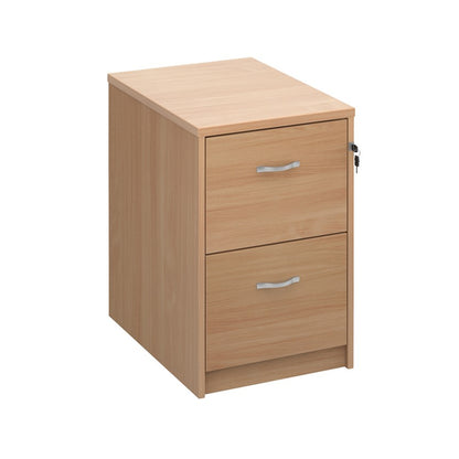 A beech wood filing cabinet with two drawers, each fitted with a silver curved handle, and a lock mechanism on the right side.