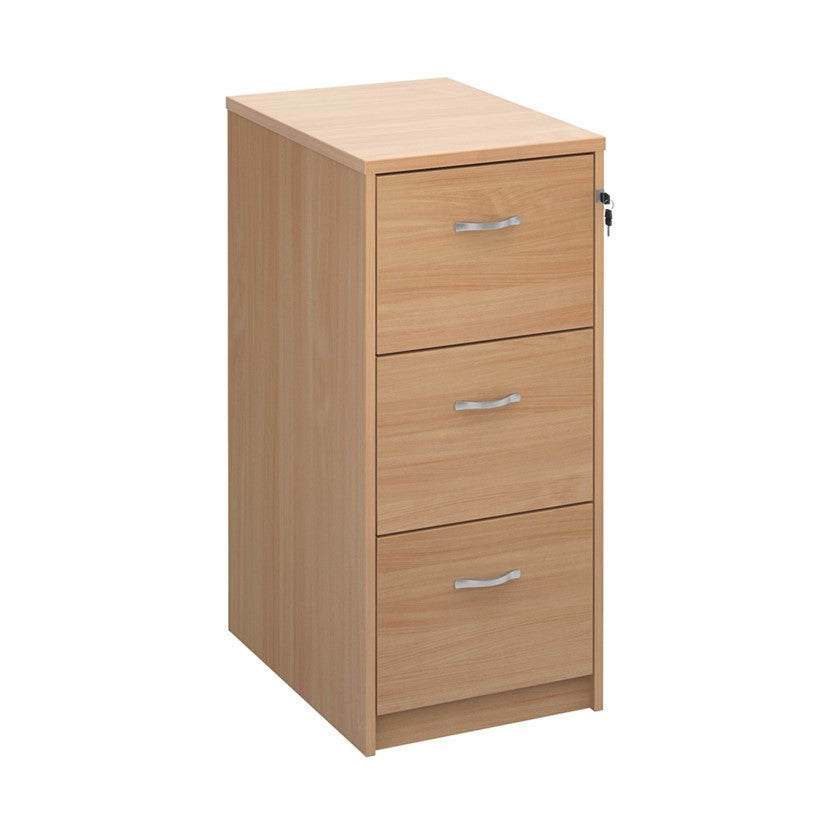 A beech wood filing cabinet with two drawers, each fitted with a silver curved handle, and a lock mechanism on the right side.