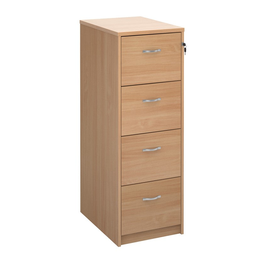 A beech wood filing cabinet with two drawers, each fitted with a silver curved handle, and a lock mechanism on the right side.