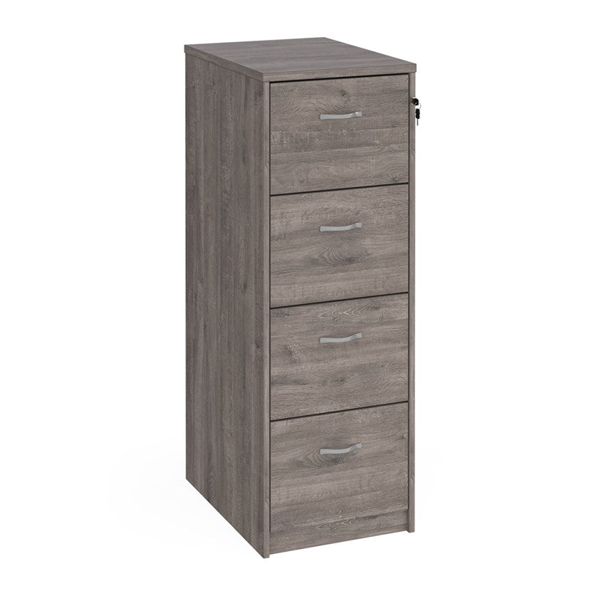 A grey wood filing cabinet with two drawers, each fitted with a silver curved handle, and a lock mechanism on the right side.