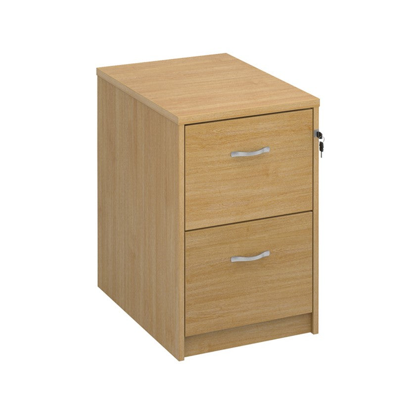 A oak wood filing cabinet with two drawers, each fitted with a silver curved handle, and a lock mechanism on the right side.
