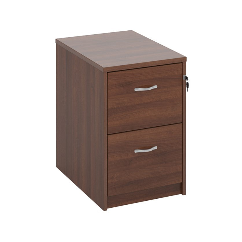 A walnut wood filing cabinet with two drawers, each fitted with a silver curved handle, and a lock mechanism on the right side.