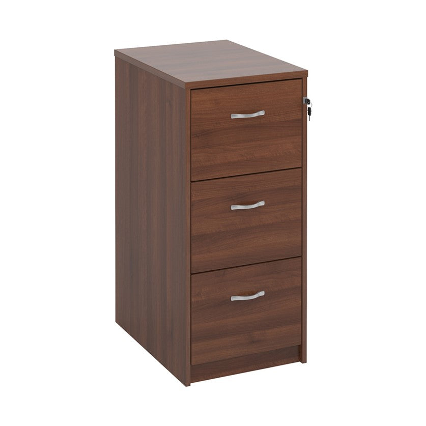 A walnut wood filing cabinet with two drawers, each fitted with a silver curved handle, and a lock mechanism on the right side.