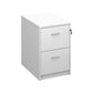 A white wood filing cabinet with two drawers, each fitted with a silver curved handle, and a lock mechanism on the right side.