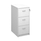 A white wood filing cabinet with two drawers, each fitted with a silver curved handle, and a lock mechanism on the right side.