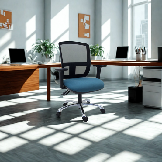 Modern office setup with a blue chair in the center, surrounded by desks and computers.