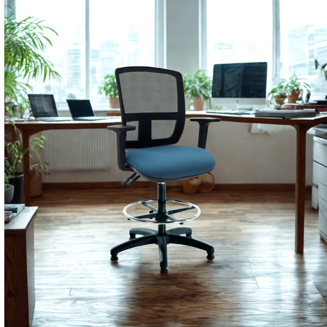 Blue office chair in a modern office setting with desks and computers.