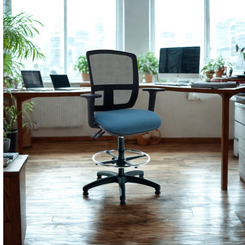 Blue office chair in a modern office setting with desks and computers.