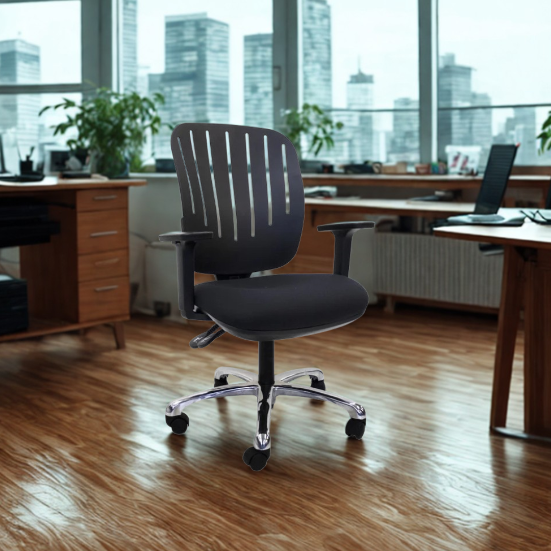 Black office chair in an office setting with large windows and cityscape view