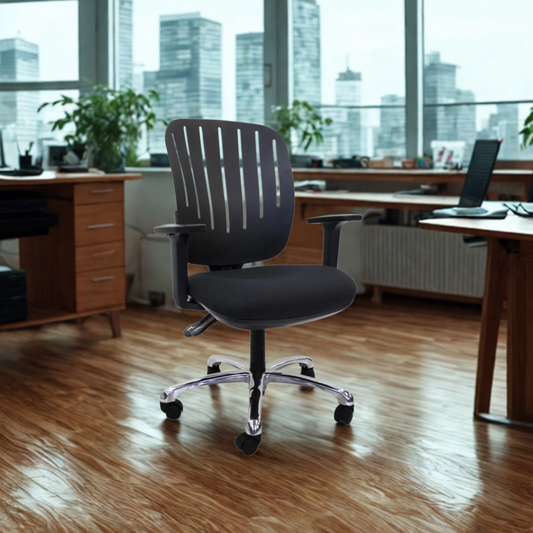 Black office chair in an office setting with large windows and cityscape view