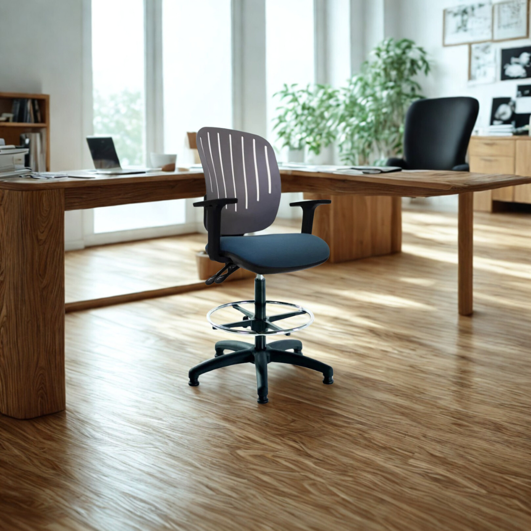 Modern office setup with a wooden desk and ergonomic chair.