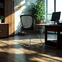Modern office desk with chair and computer in a bright room with natural light