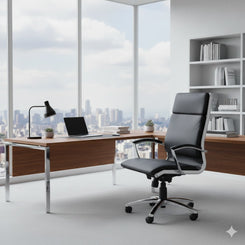 Modern office desk with a laptop, lamp, and chair in front of large windows with a cityscape view.