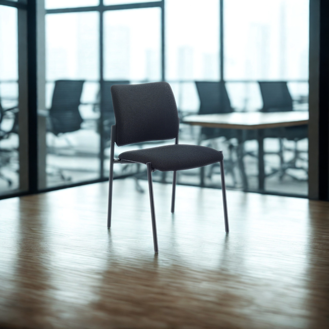 Black chair in a conference room with large windows
