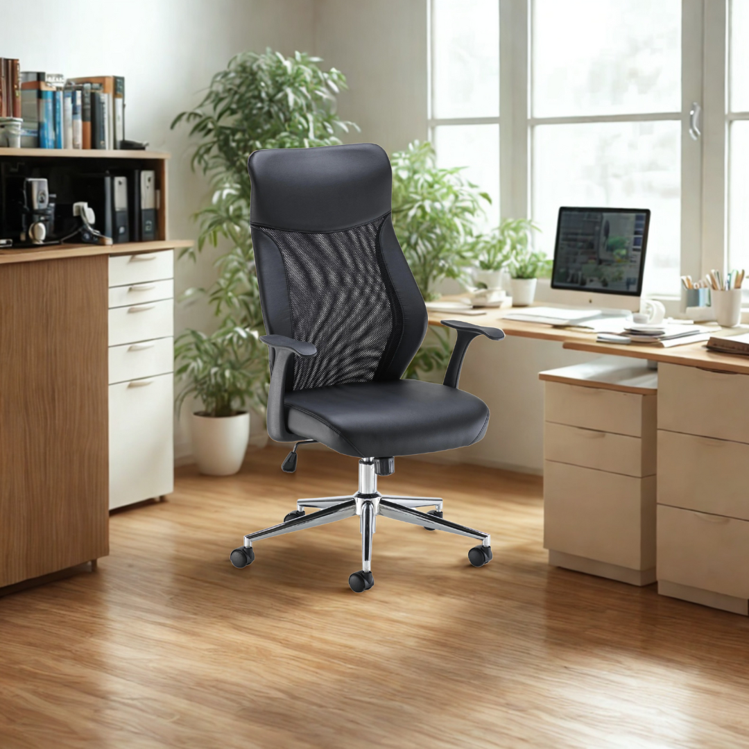 Black office chair in a modern office setting with wooden desks and plants.