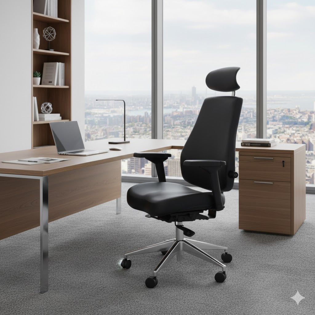 Modern office desk with a black chair and city view