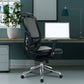 Black office chair in a modern office setting with a desk, computer, and plant.