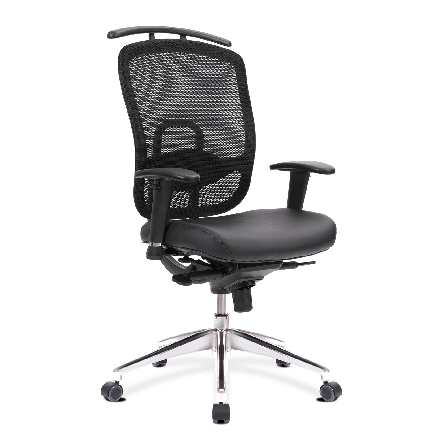 Black office chair with mesh back and chrome base on a white background