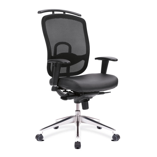 Black office chair with mesh back and chrome base on a white background