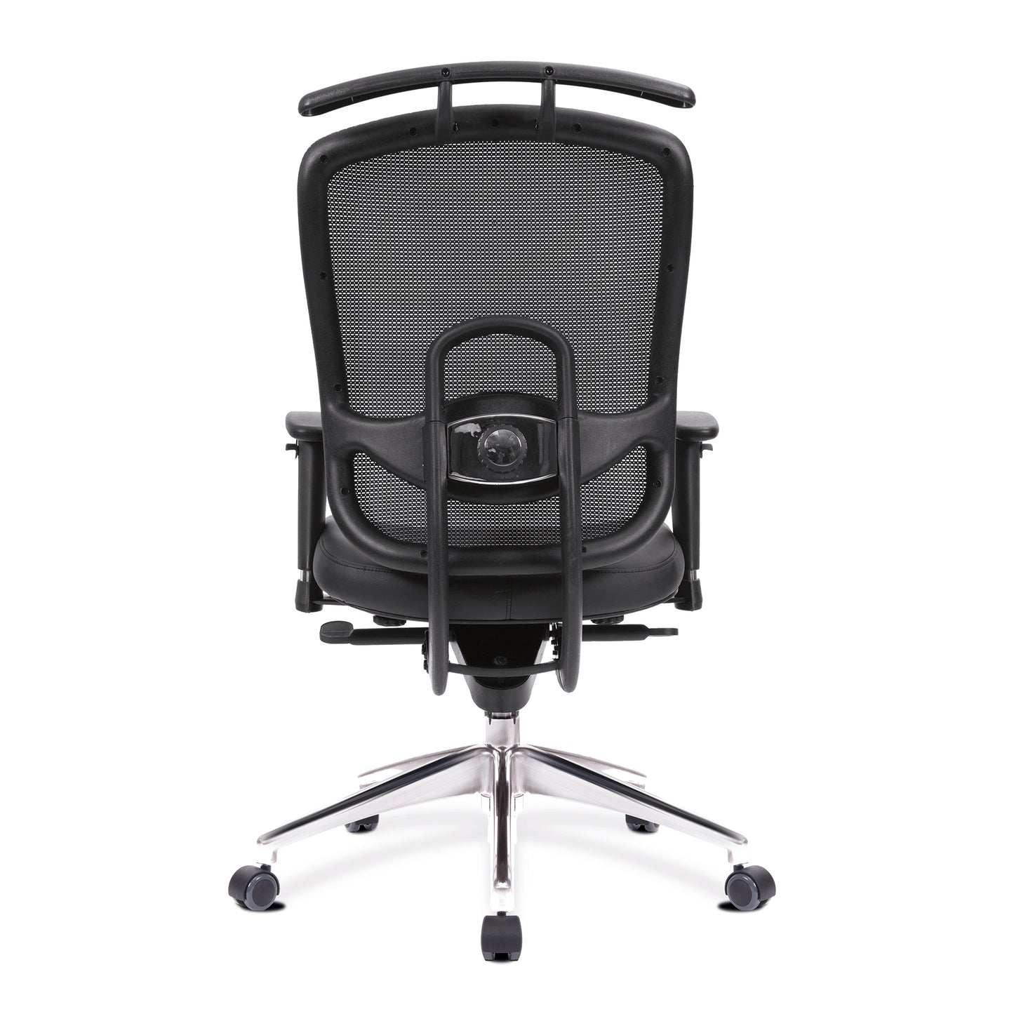 Black office chair with mesh backrest on a white background