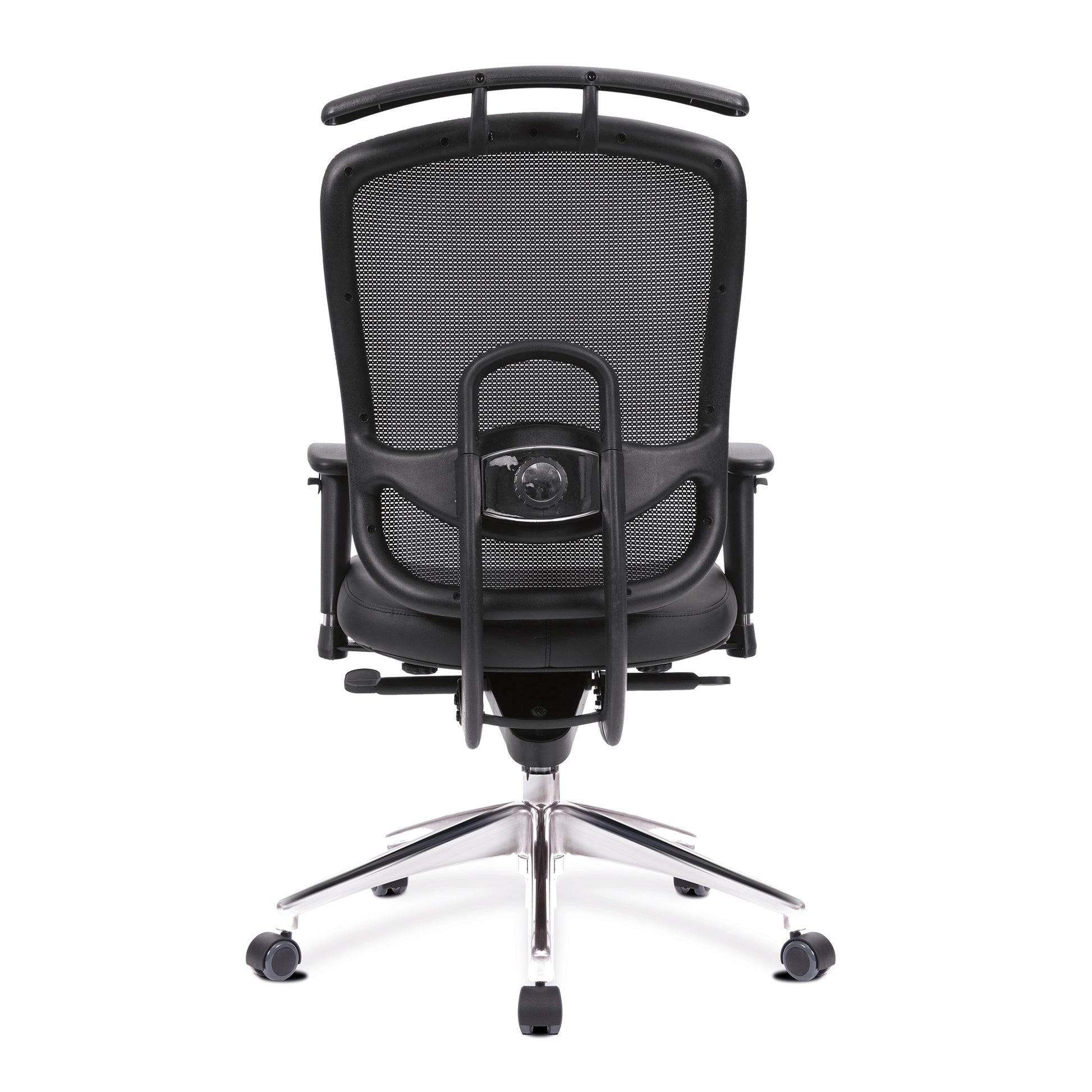 Black office chair with mesh backrest on a white background