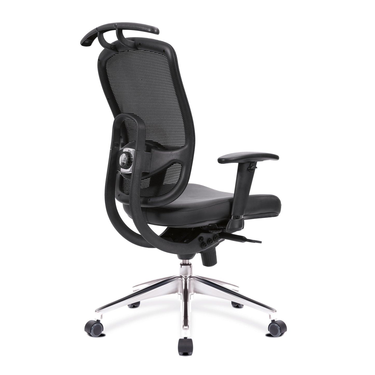 Black office chair with mesh backrest on a white background