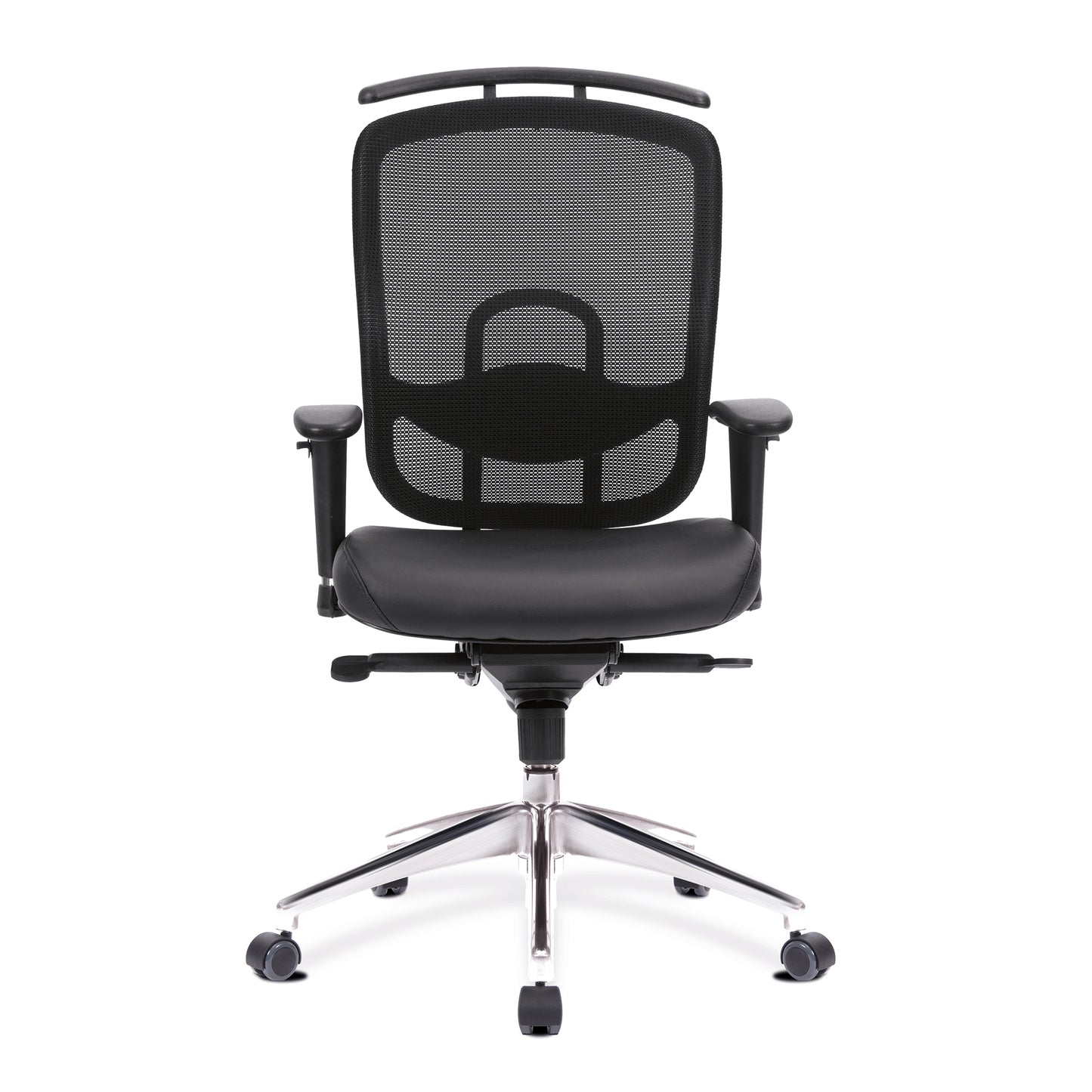 Black office chair with mesh backrest on a white background
