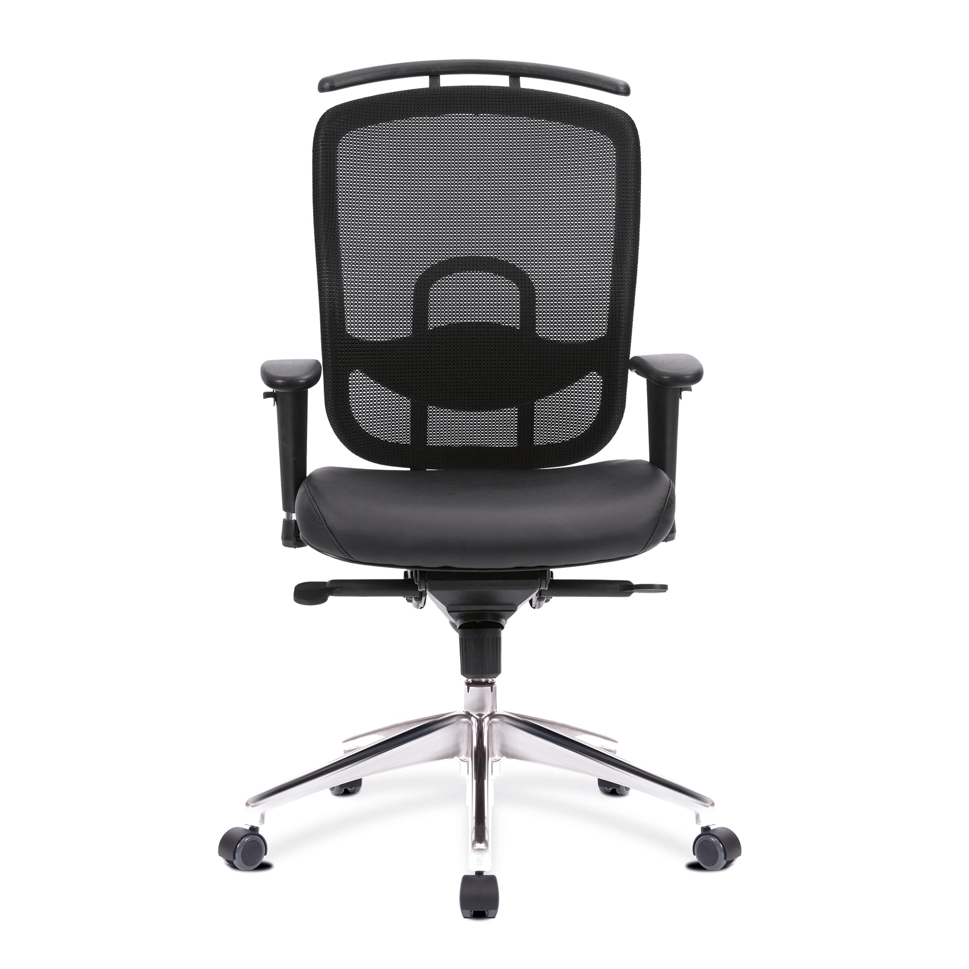 Black office chair with mesh backrest on a white background