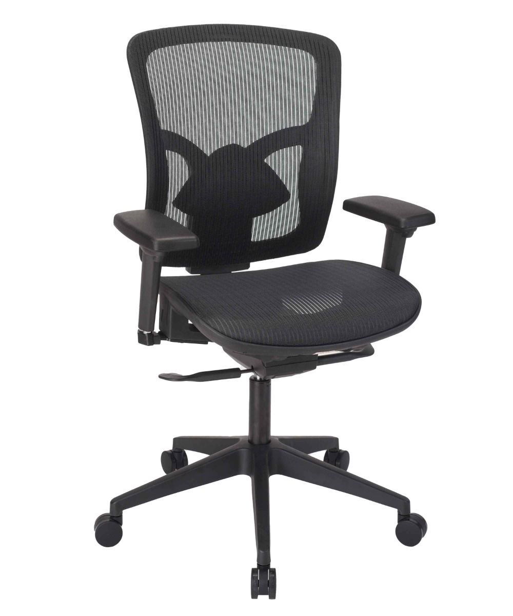 Black office chair with mesh back on a white background