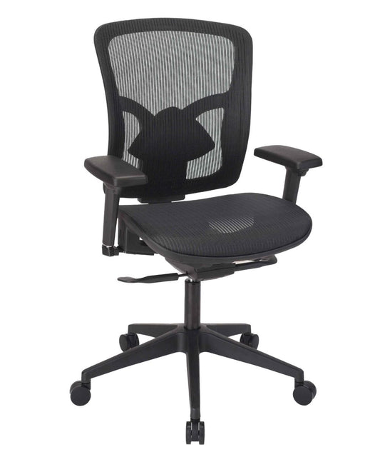 Black office chair with mesh back on a white background