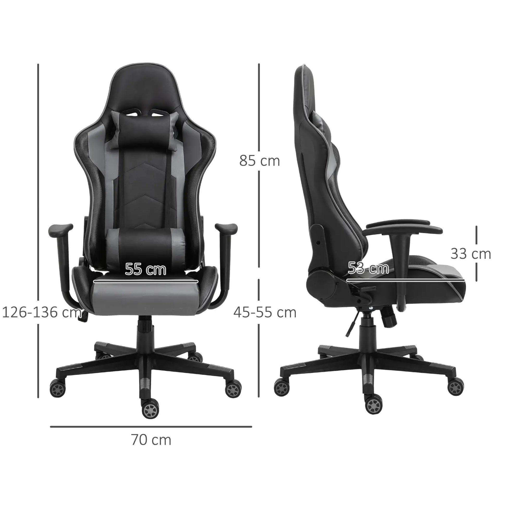 Gaming Chair, Racing Chair, Head Pillow and Lumbar Support, Black dimensions