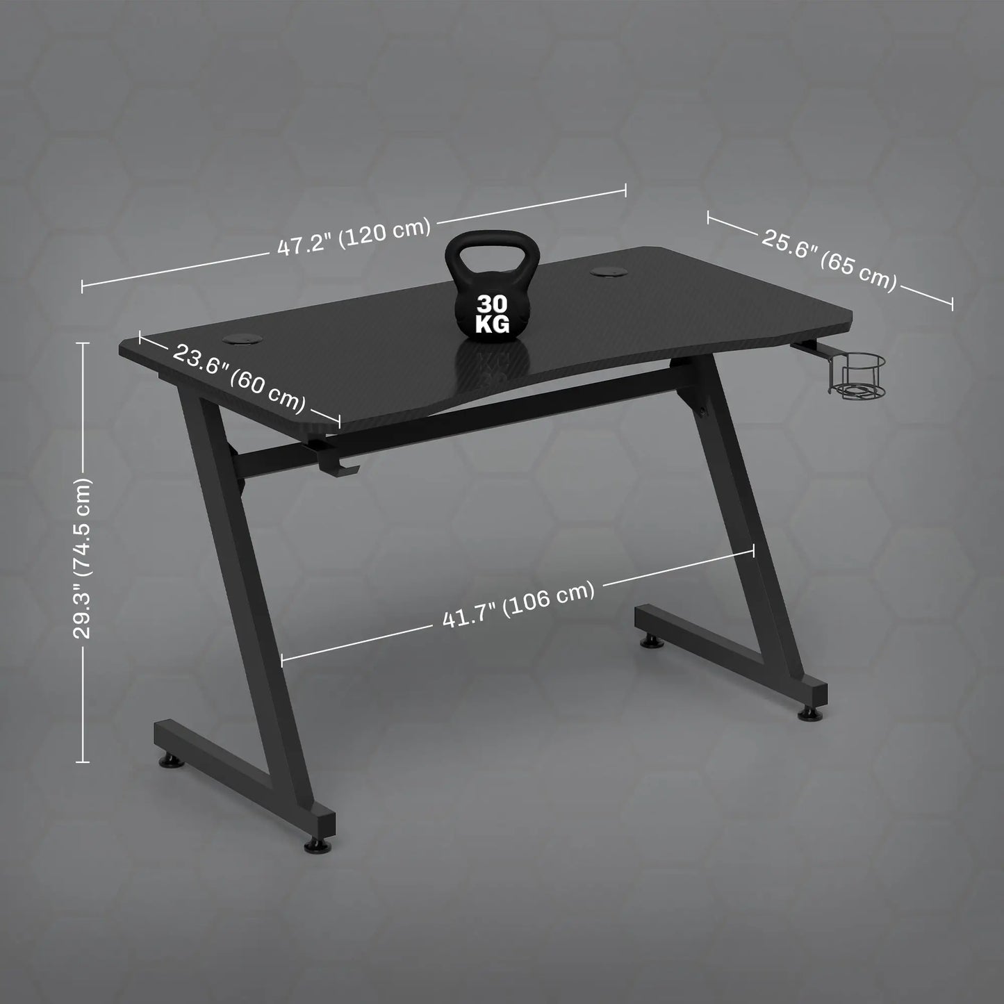 Gaming Desk 120 x 65 cm Steel Frame with  Cable Organiser, Black dimensions