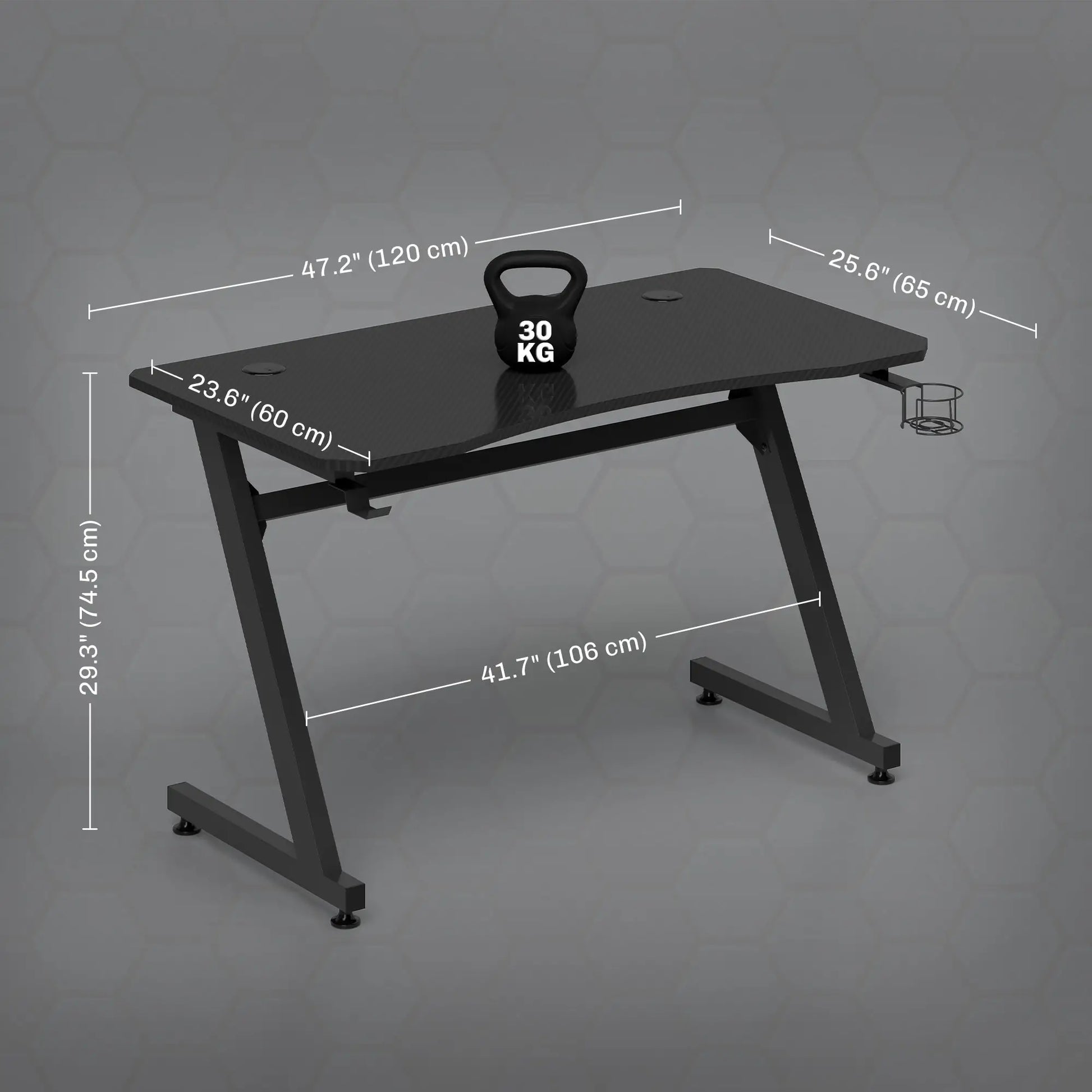 Gaming Desk 120 x 65 cm Steel Frame with  Cable Organiser, Black dimensions