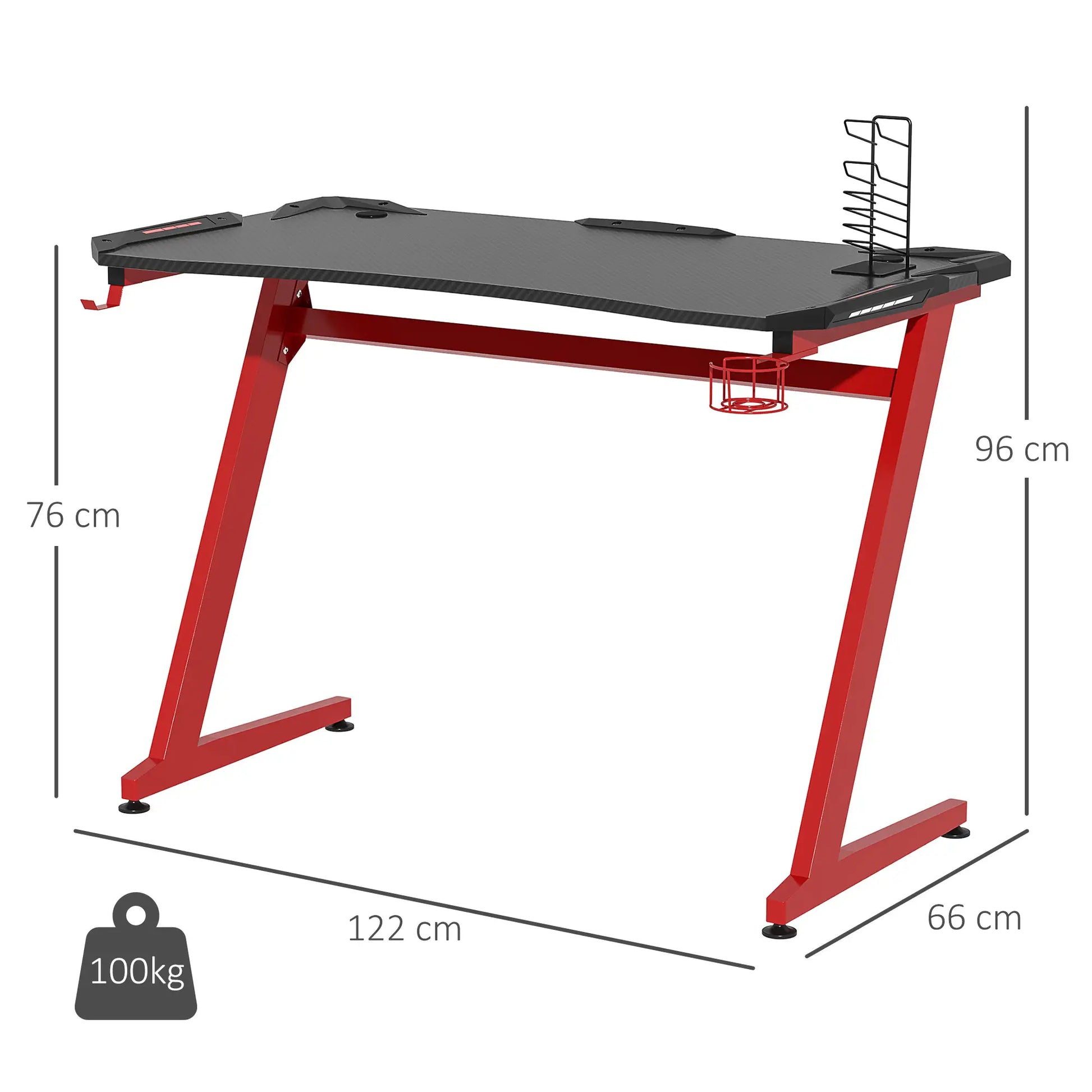 Gaming Desk, Carbon Fibre Desk, Gamer Workstation, Black and Red dimensions