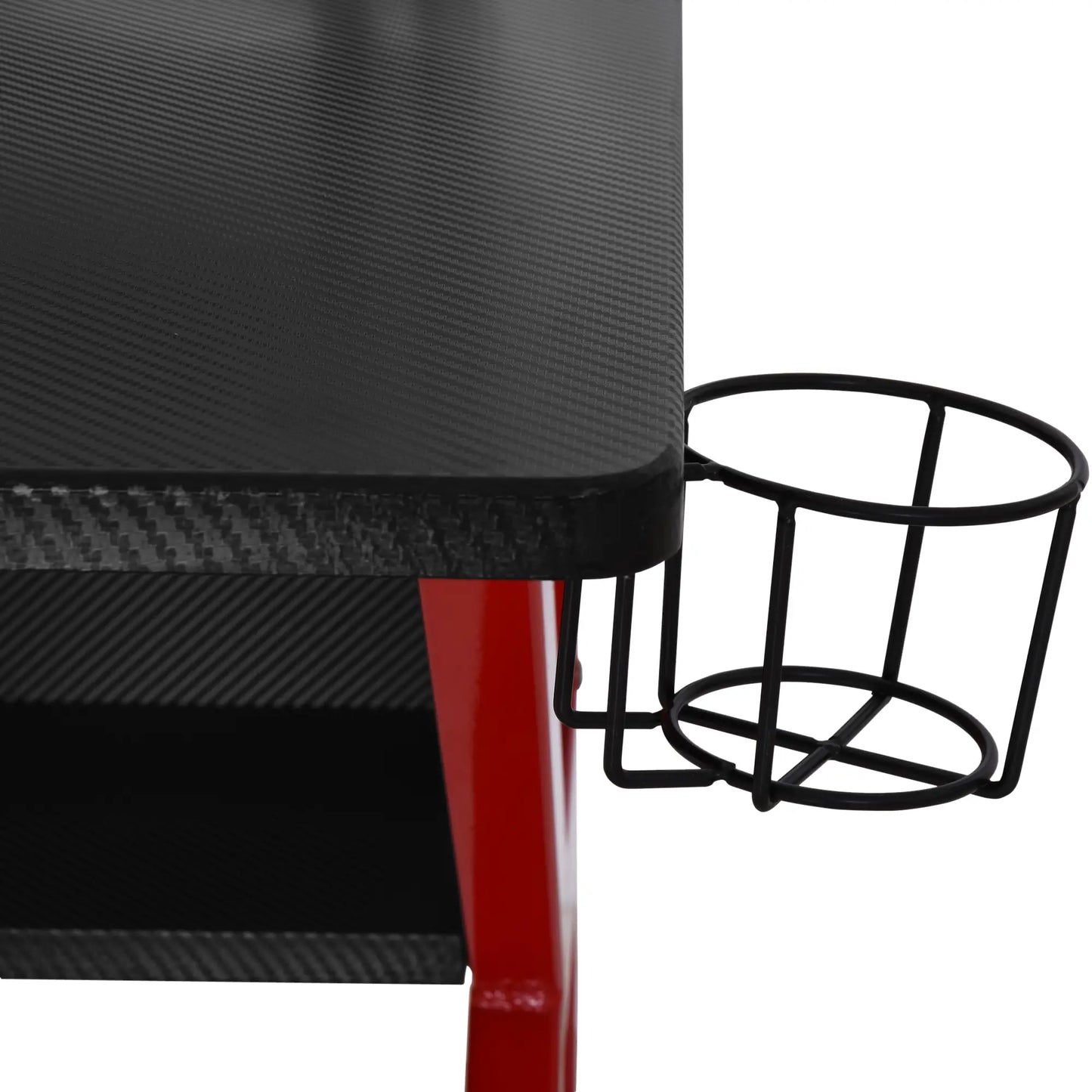 Gaming Desk, Computer Table with Monitor Stand, Wire Basket and Metal Frame, Red cup holder  detail. 