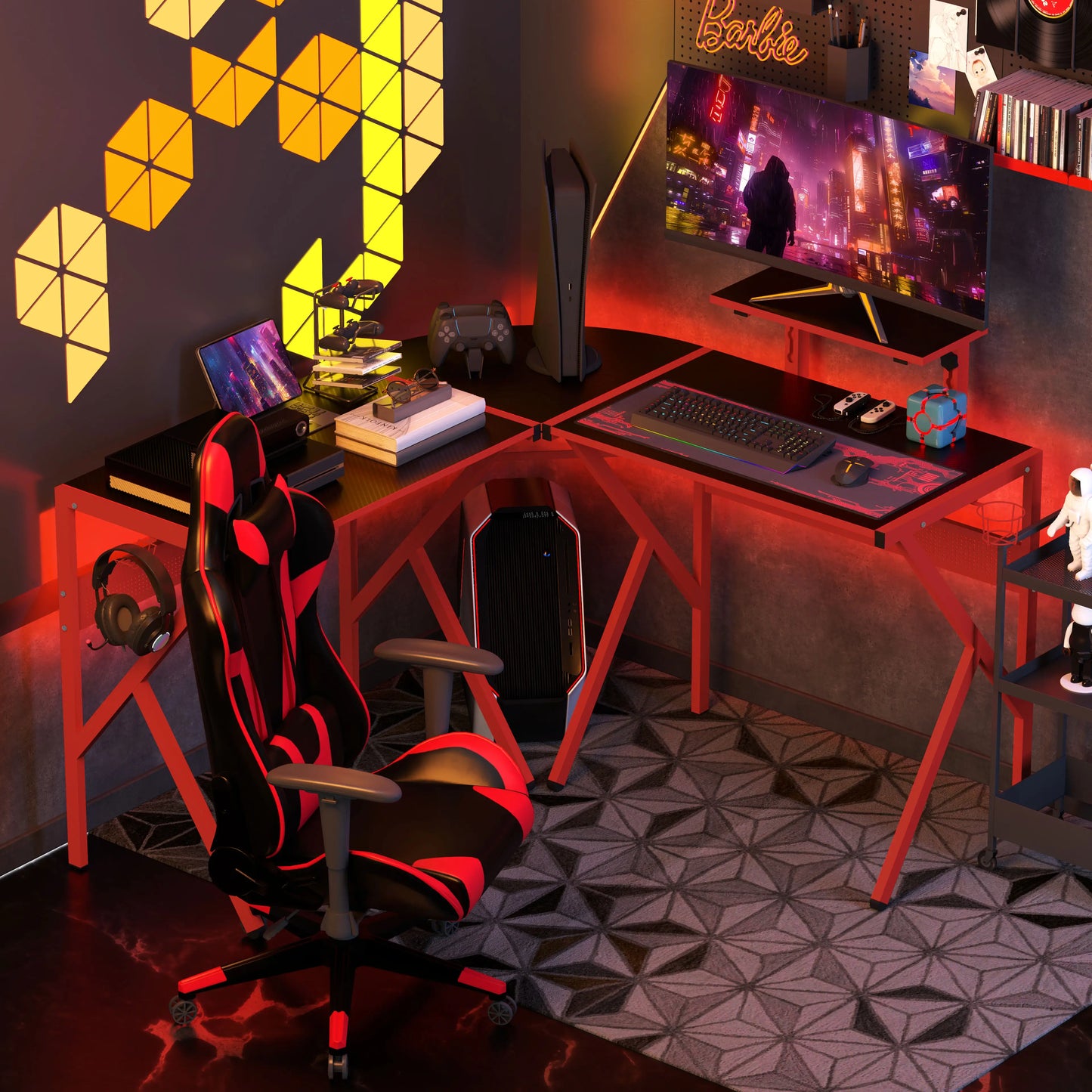 An L-shaped corner gaming desk with red accents and a black tabletop, equipped with a headphone hook and a cup holder, shown in a room with gaming setup, including a chair and various gaming accessories.