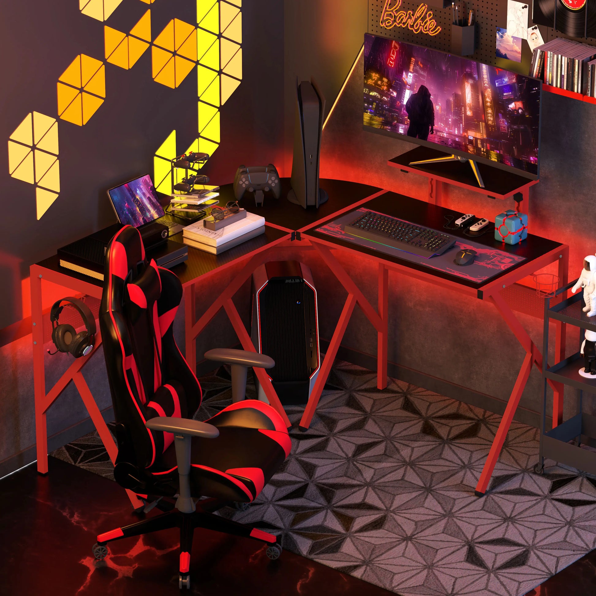 An L-shaped corner gaming desk with red accents and a black tabletop, equipped with a headphone hook and a cup holder, shown in a room with gaming setup, including a chair and various gaming accessories.